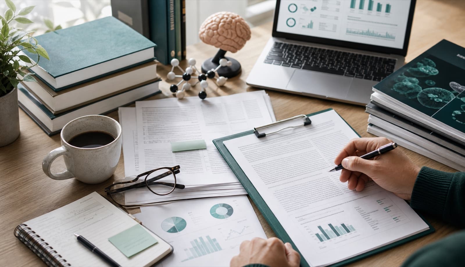 Editorial review desk with research papers and health source materials